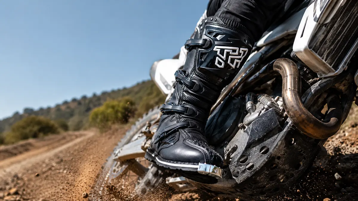 Motociclista usando botas MTR-E001 en una curva de tierra