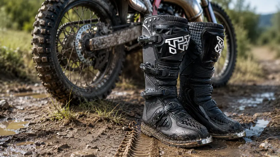 Botas MTR-E001 junto a una moto de enduro en el barro