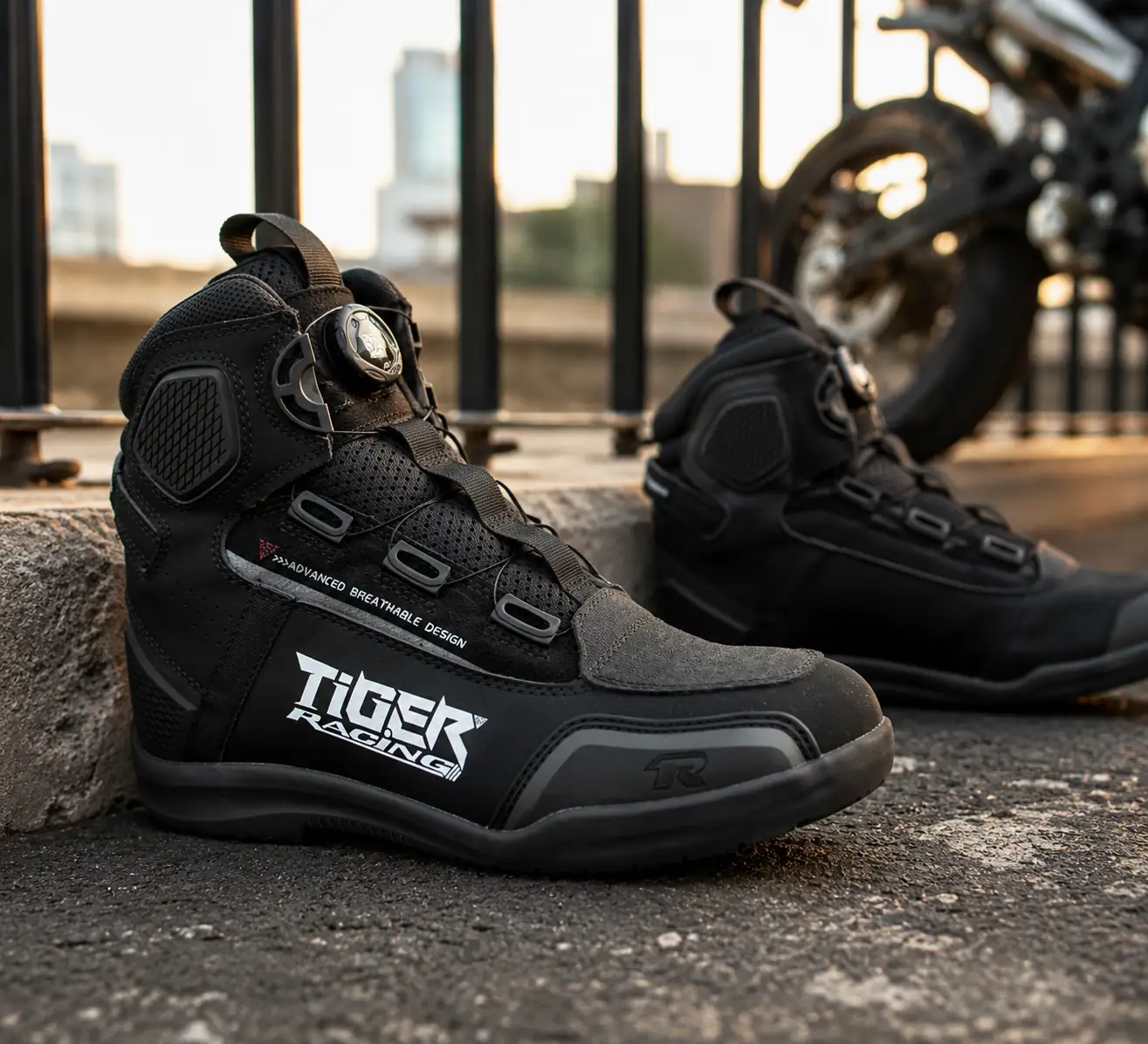 Par de botas Tiger Racing TR-R1 negras junto a una moto urbana