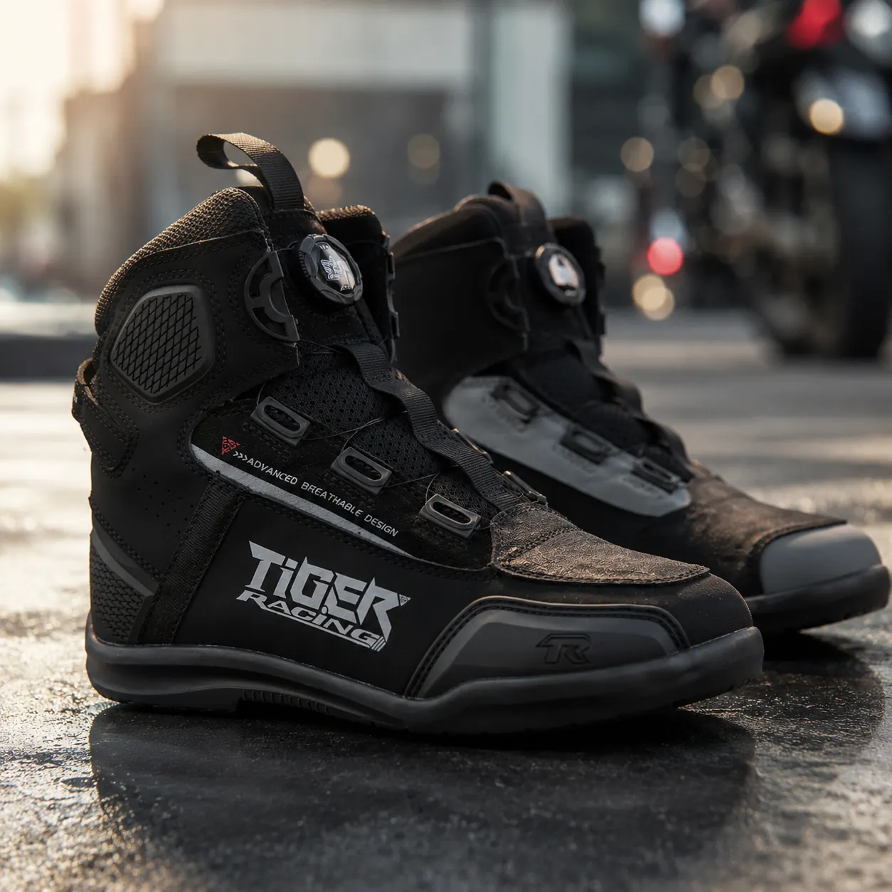 Par de botas Tiger Racing TR-R1 negras en una escena urbana húmeda