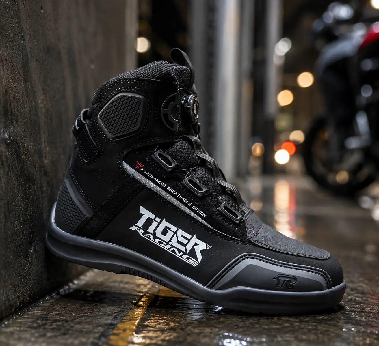 Bota urbana Tiger Racing TR-R1 negra en una escena nocturna