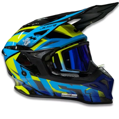 Casco Just1 Revo J39 + Antiparra - Azul/Fluor/Negro Brillo