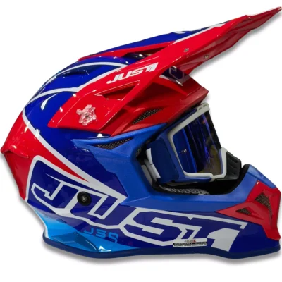 Casco Just1 Thruster J39 + Antiparra - Azul/Blanco/Rojo Brillo
