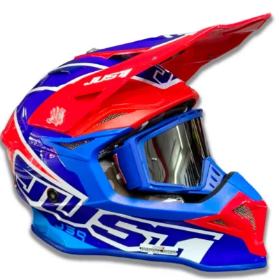 Casco Just1 Thruster J39 + Antiparra - Azul/Blanco/Rojo Brillo