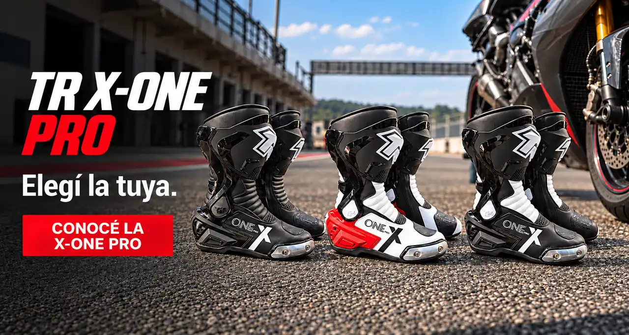 TR X-One Pro. Elegí la tuya. Botas negras, Negro/Rojo y Negro/Blanco en el circuito.