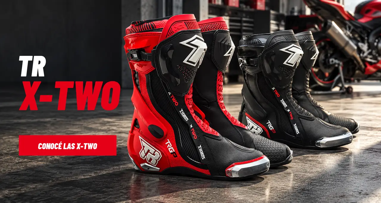 TR X-Two. Conocé las X-Two. Botas rojas y negras en el taller.