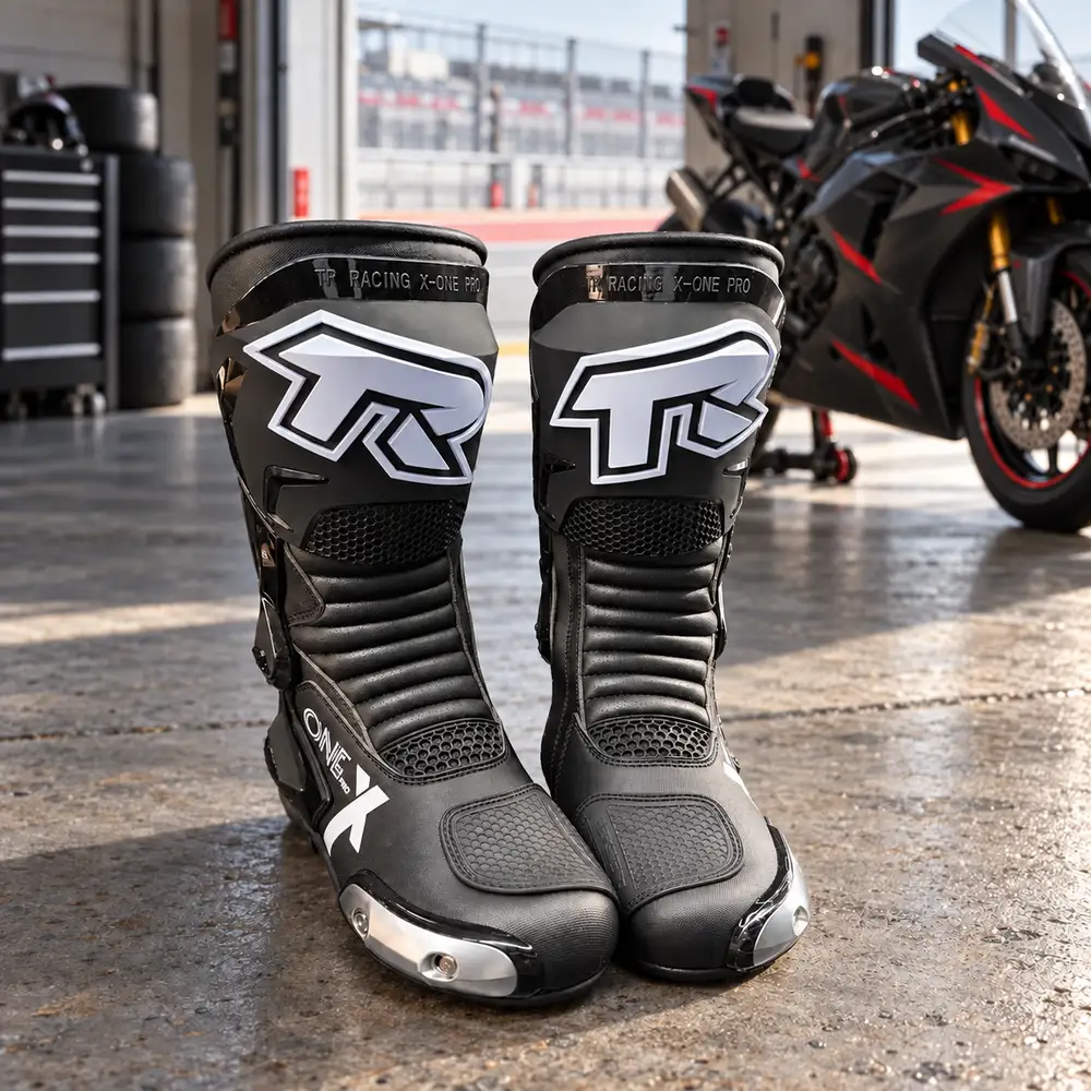 X-One Pro negras en boxes junto a una moto de pista
